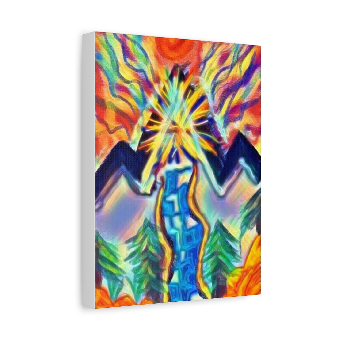 Vibrant Mountain River Canvas Wall Art — Colorful Sunrise Nature Print