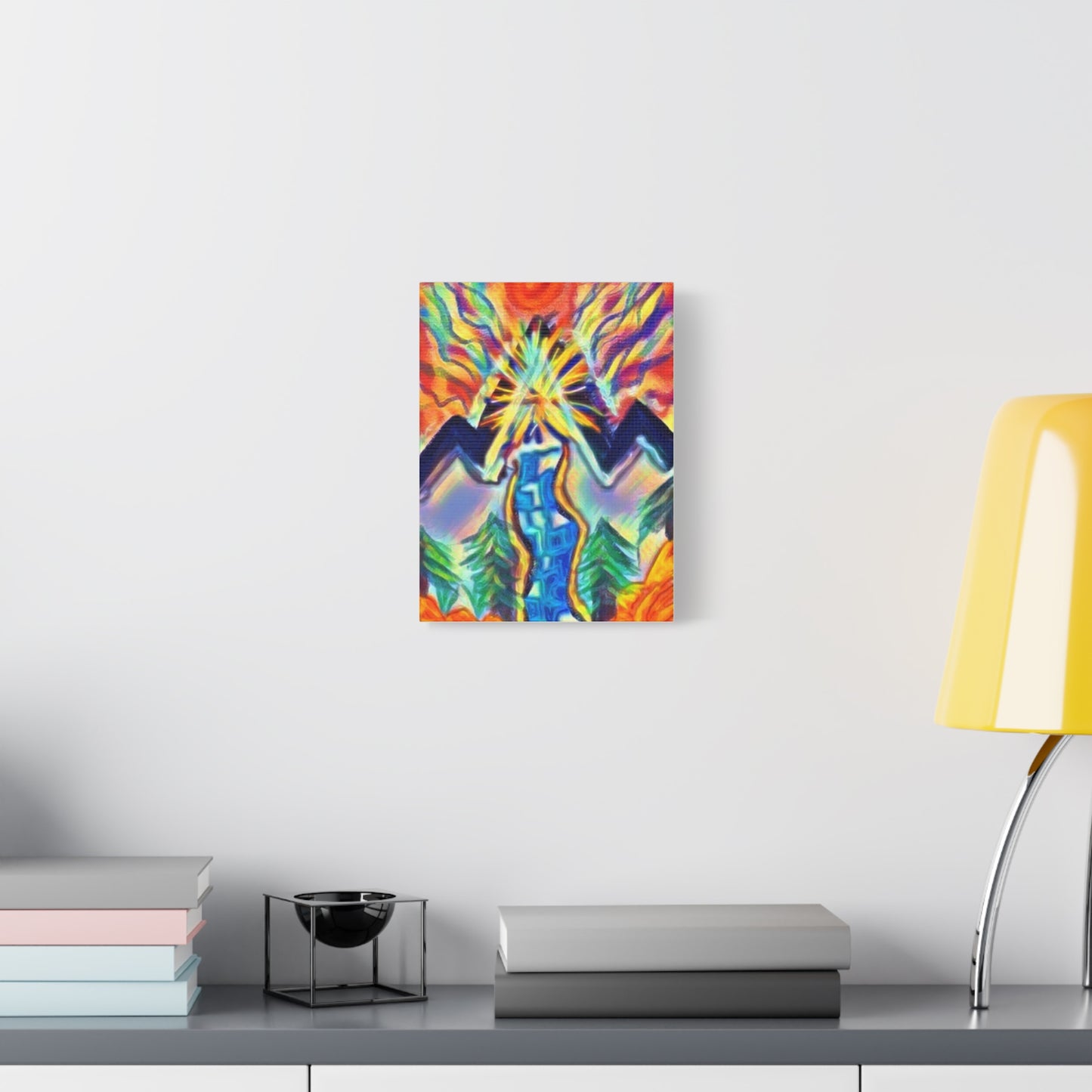 Vibrant Mountain River Canvas Wall Art — Colorful Sunrise Nature Print