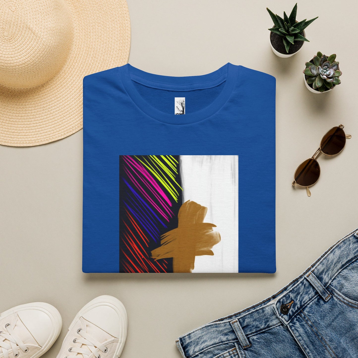 Abstract Gold Brushstroke Tee — Colorful Stripes Modern Graphic T-Shirt