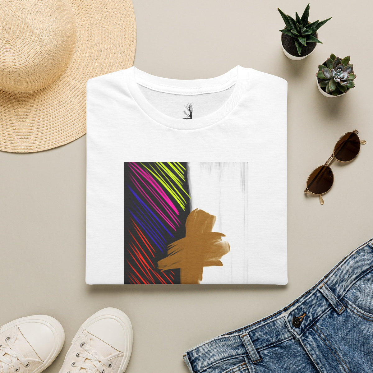 Abstract Gold Brushstroke Tee — Colorful Stripes Modern Graphic T-Shirt