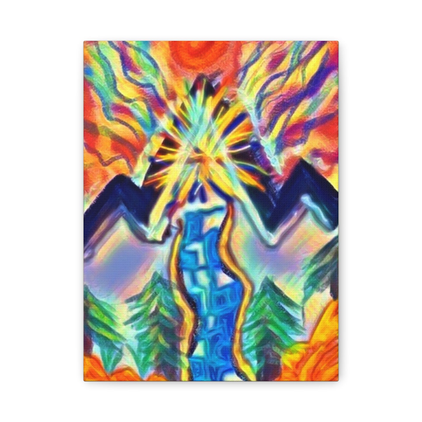 Vibrant Mountain River Canvas Wall Art — Colorful Sunrise Nature Print