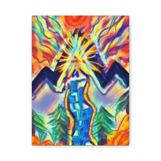 Vibrant Mountain River Canvas Wall Art — Colorful Sunrise Nature Print