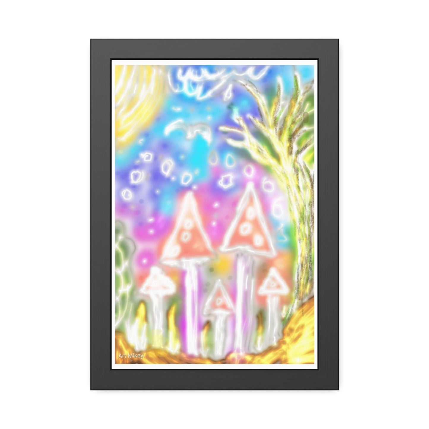 Framed Poster — Whimsical Rainbow Mushroom Art Print