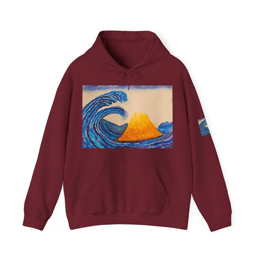 Wave and Volcano Art Hoodie — Ocean Wave Painting Sweatshirt