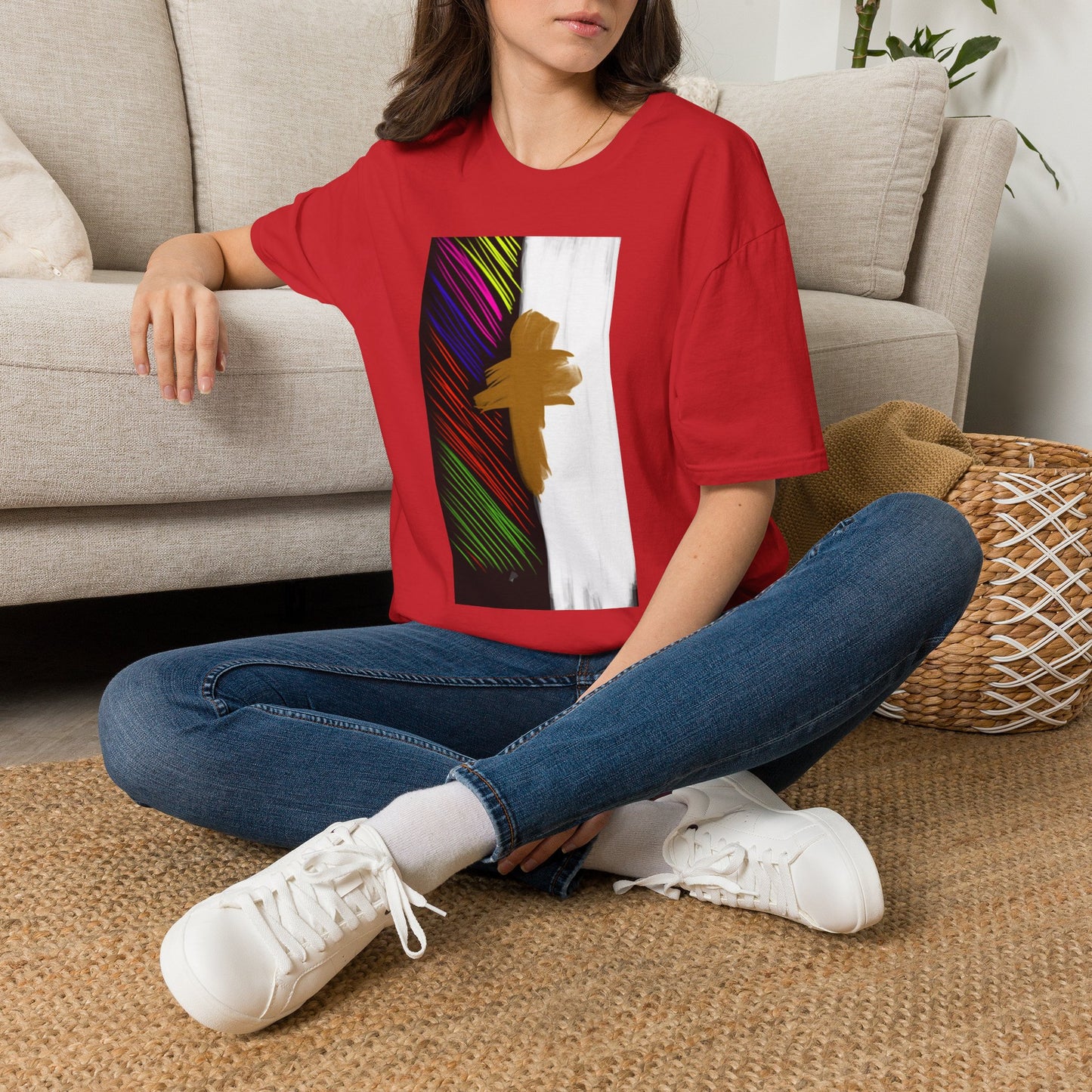 Abstract Gold Brushstroke Tee — Colorful Stripes Modern Graphic T-Shirt