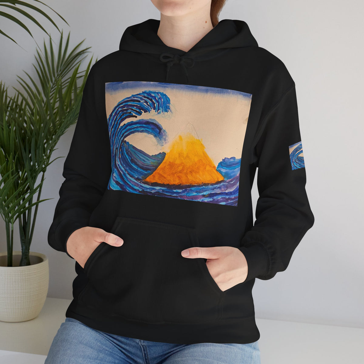 Wave and Volcano Art Hoodie — Ocean Wave Painting Sweatshirt