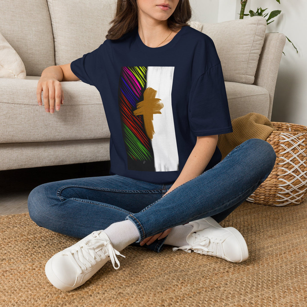 Abstract Gold Brushstroke Tee — Colorful Stripes Modern Graphic T-Shirt