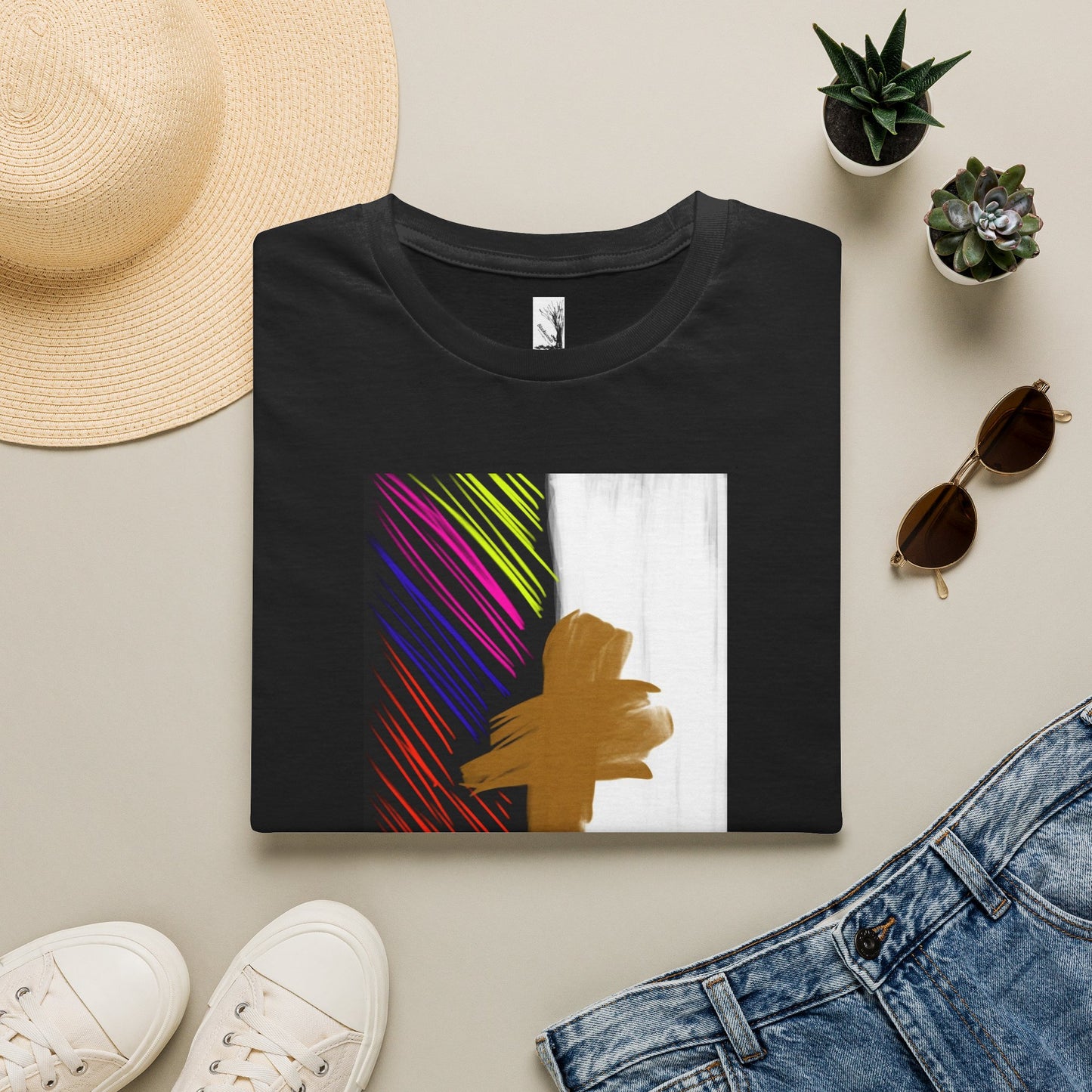 Abstract Gold Brushstroke Tee — Colorful Stripes Modern Graphic T-Shirt