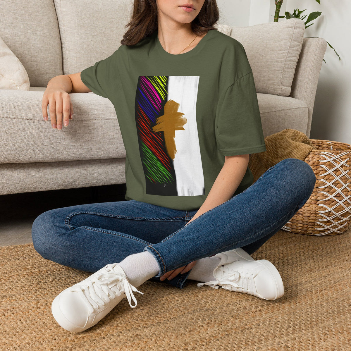 Abstract Gold Brushstroke Tee — Colorful Stripes Modern Graphic T-Shirt
