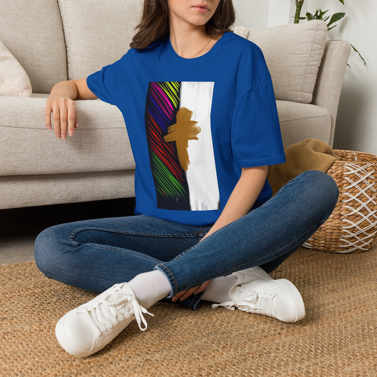 Abstract Gold Brushstroke Tee — Colorful Stripes Modern Graphic T-Shirt