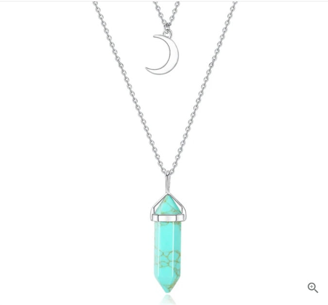 Unisex Crystal Moon & Hexagonal Turquoise Pendant Necklace