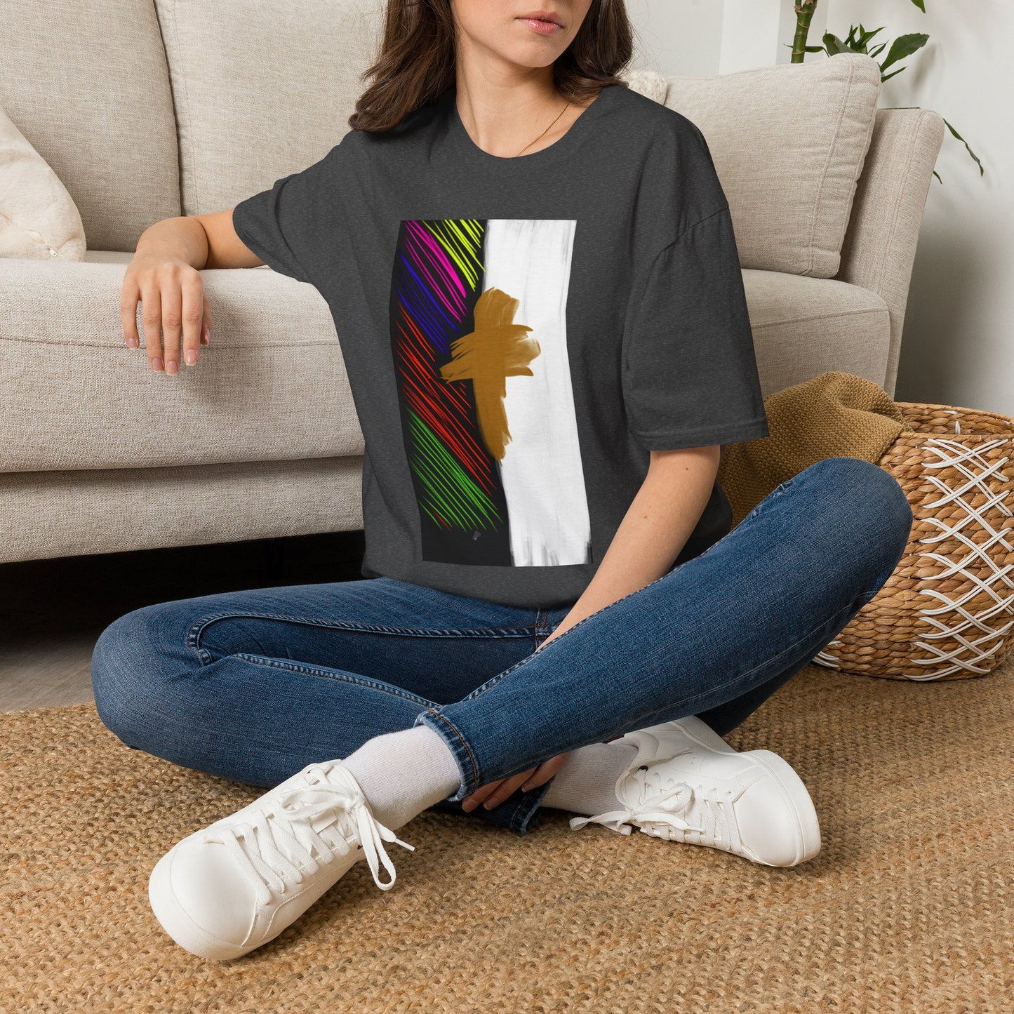 Abstract Gold Brushstroke Tee — Colorful Stripes Modern Graphic T-Shirt