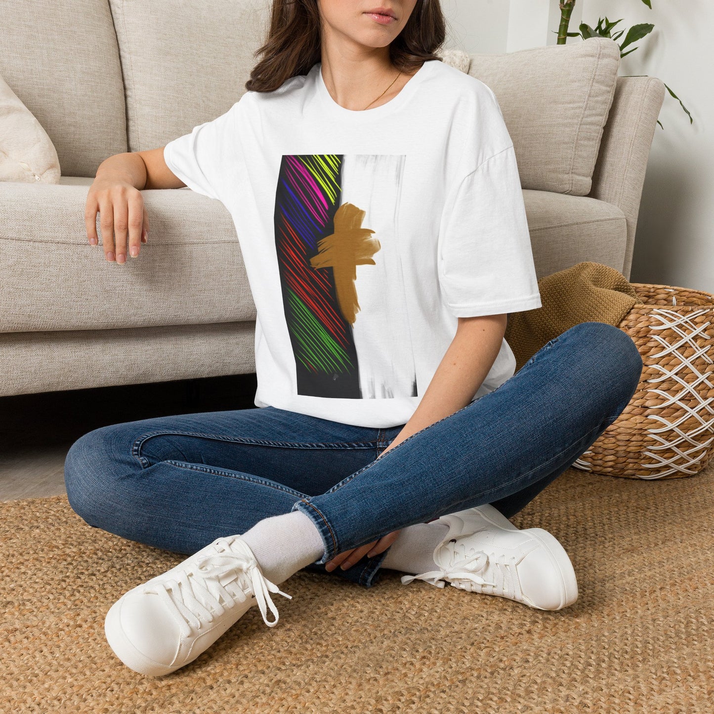 Abstract Gold Brushstroke Tee — Colorful Stripes Modern Graphic T-Shirt