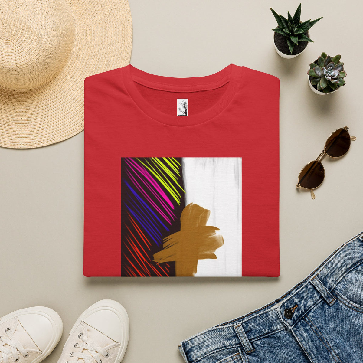 Abstract Gold Brushstroke Tee — Colorful Stripes Modern Graphic T-Shirt