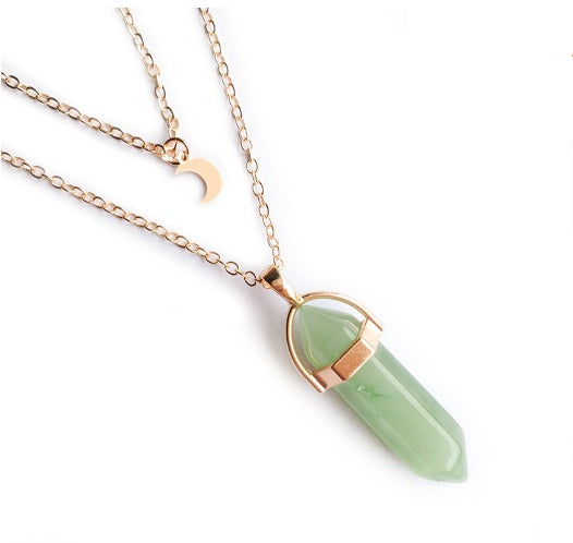 Unisex Crystal Moon & Hexagonal Turquoise Pendant Necklace