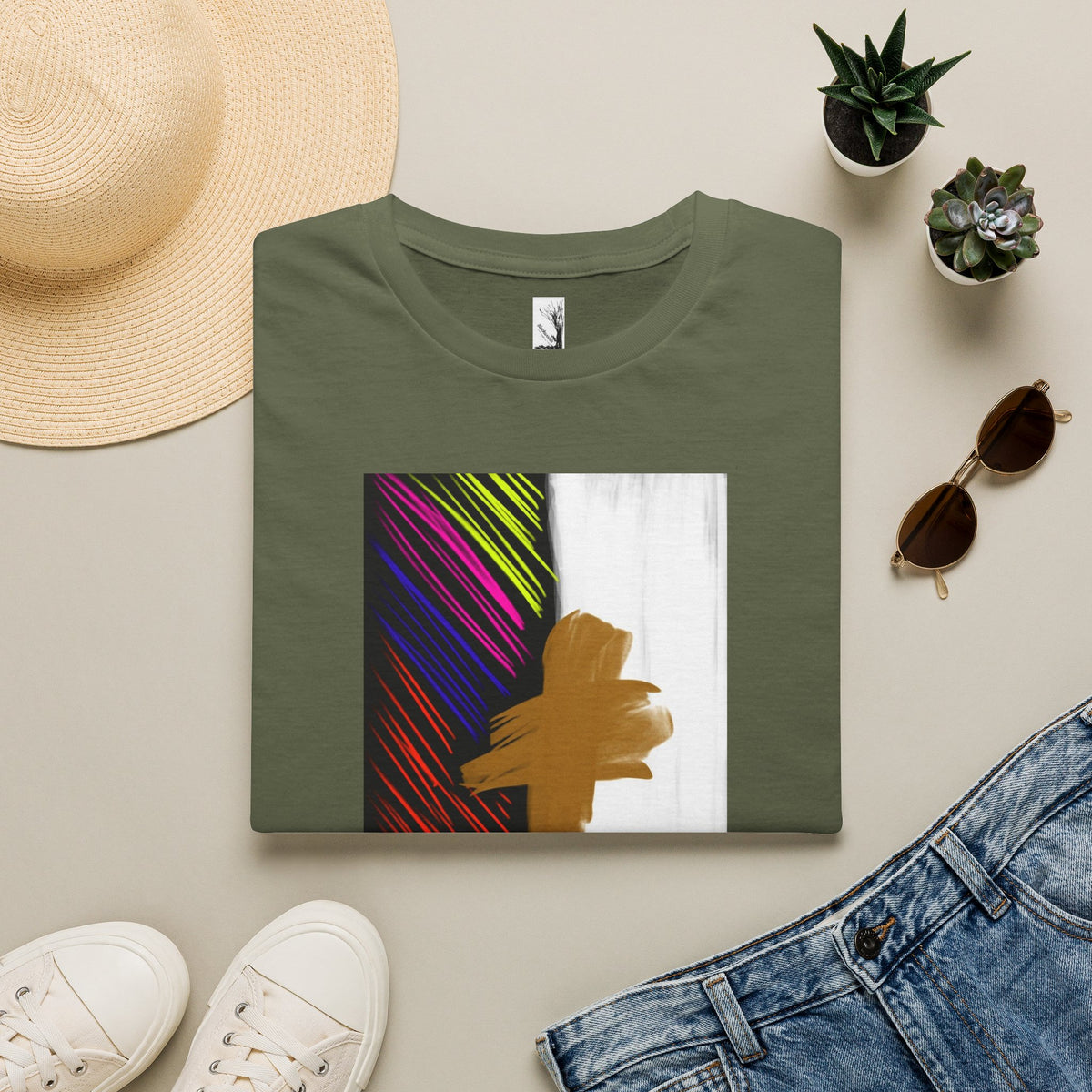 Abstract Gold Brushstroke Tee — Colorful Stripes Modern Graphic T-Shirt