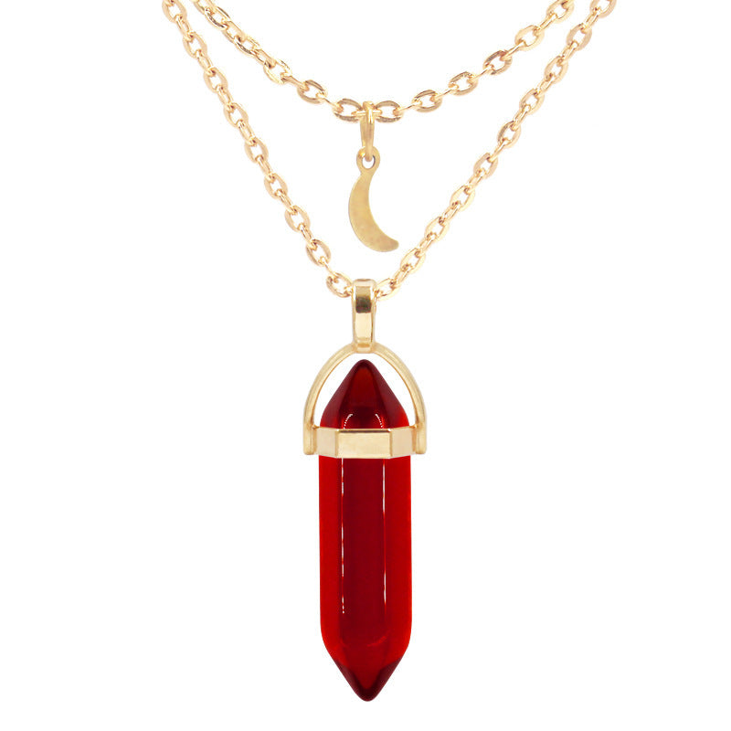 Unisex Crystal Moon & Hexagonal Turquoise Pendant Necklace