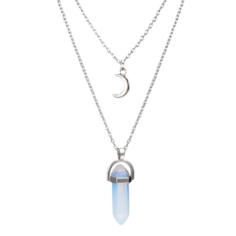 Unisex Crystal Moon & Hexagonal Turquoise Pendant Necklace