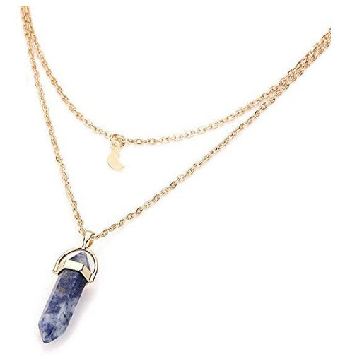 Unisex Crystal Moon & Hexagonal Turquoise Pendant Necklace