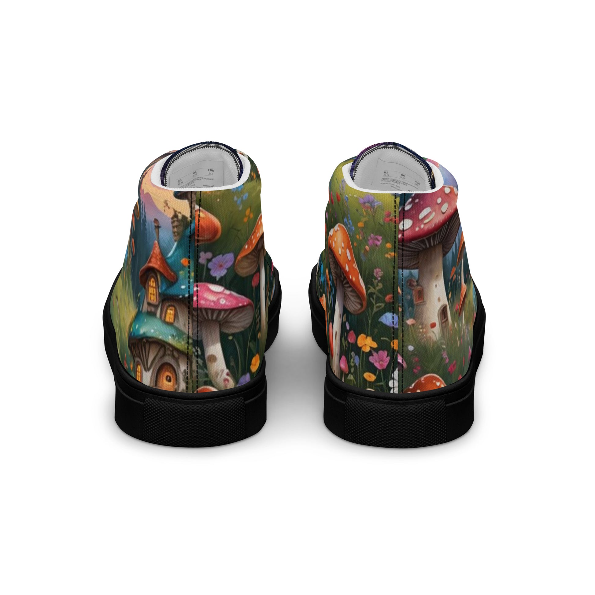 Pair of high-top sneakers with mushroom and cottage design on a white background