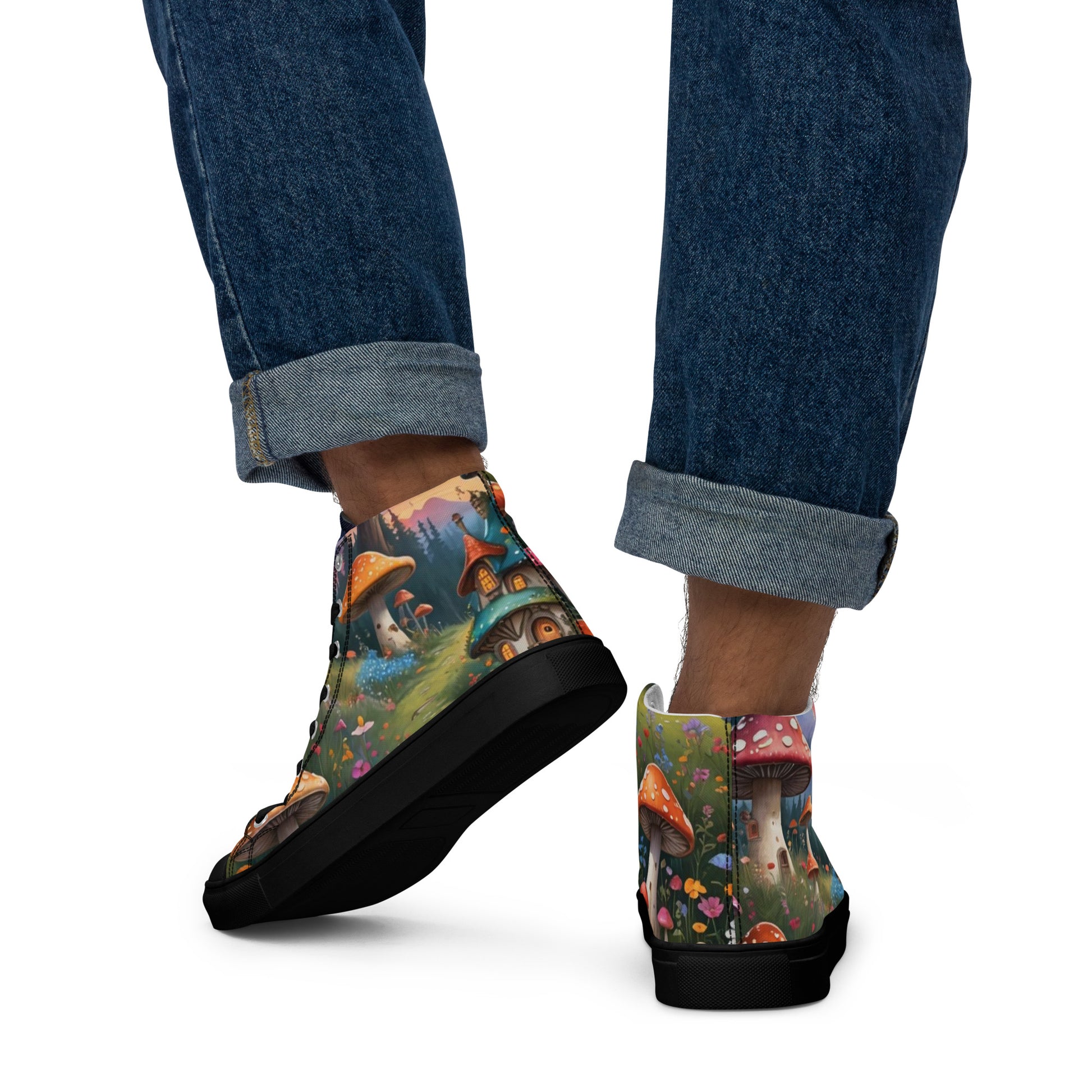 Colorful mushroom-patterned shoes worn with rolled-up jeans on a white background