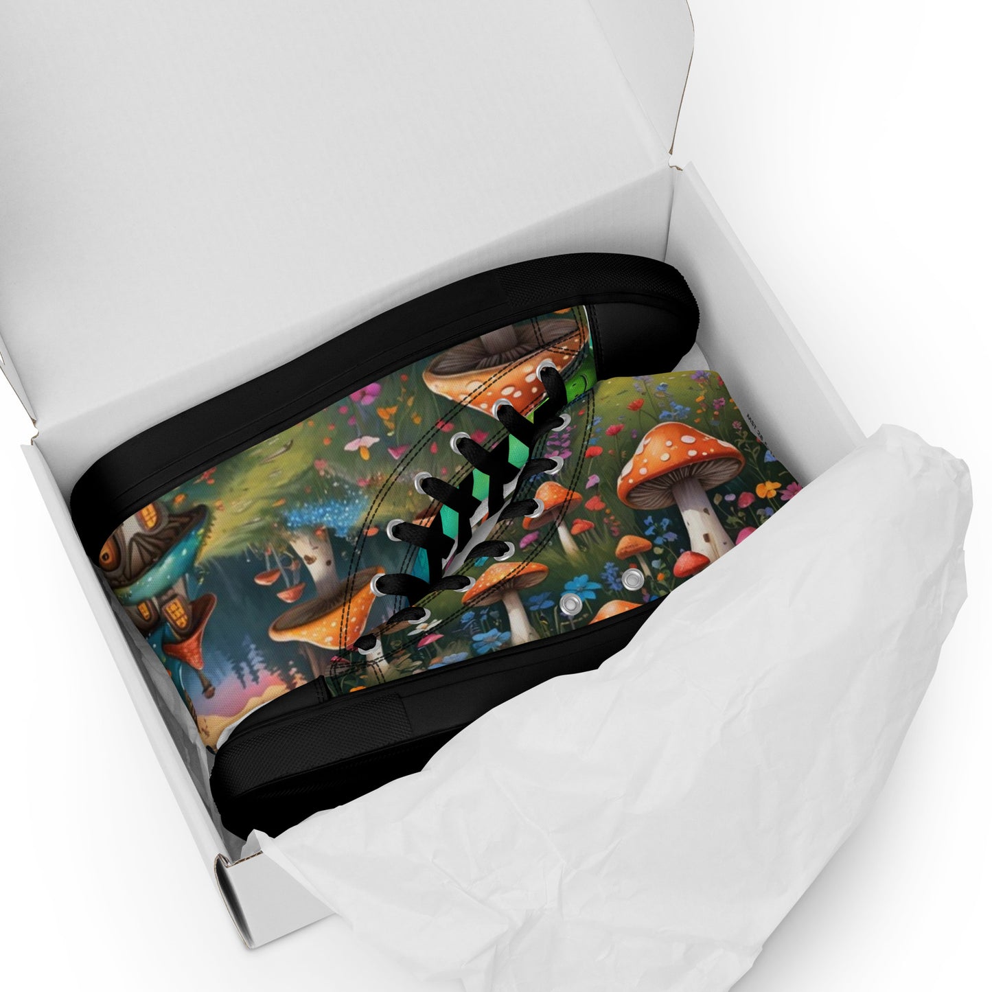 Shoe with a colorful mushroom design in a white box