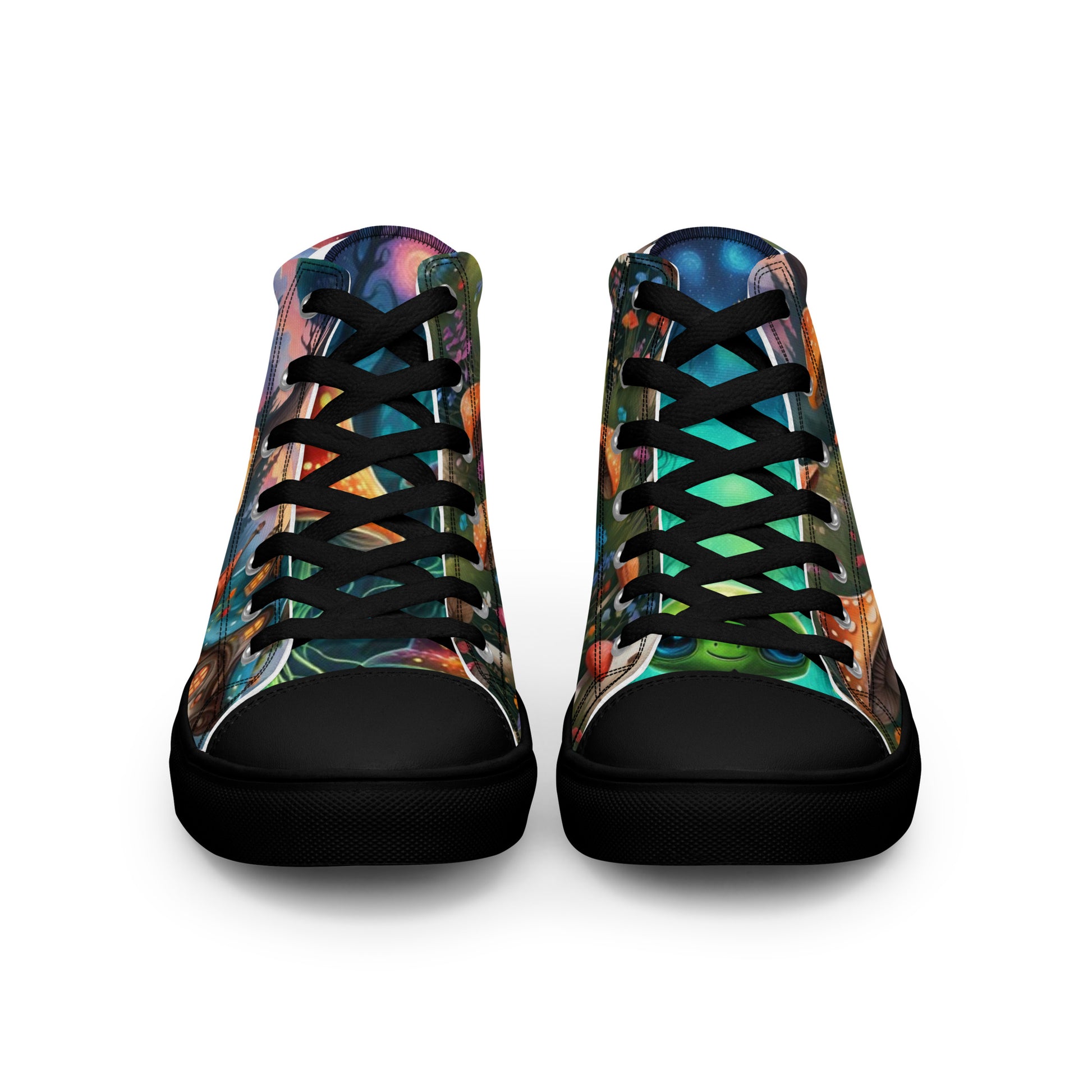 Colorful high-top sneakers with black soles on a white background