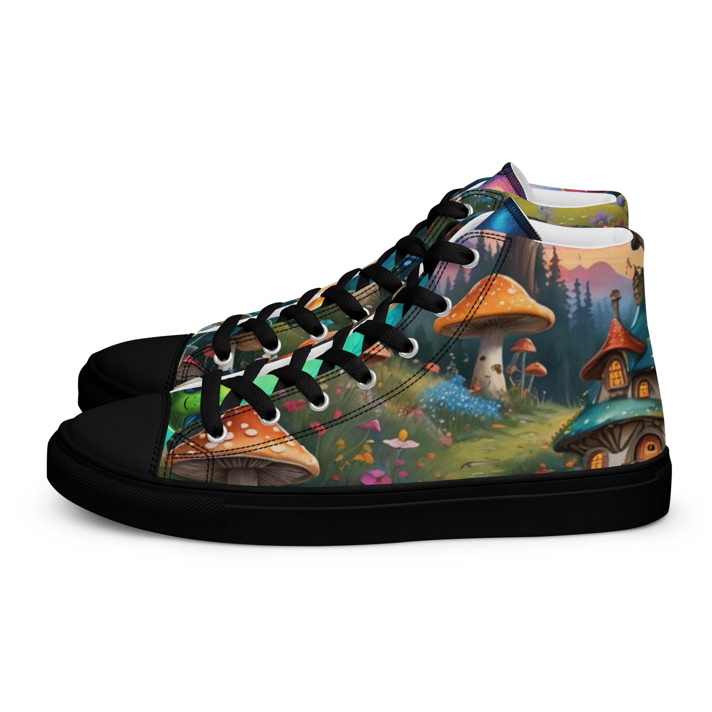 Colorful sneakers with mushroom and fantasy landscape design on a white background