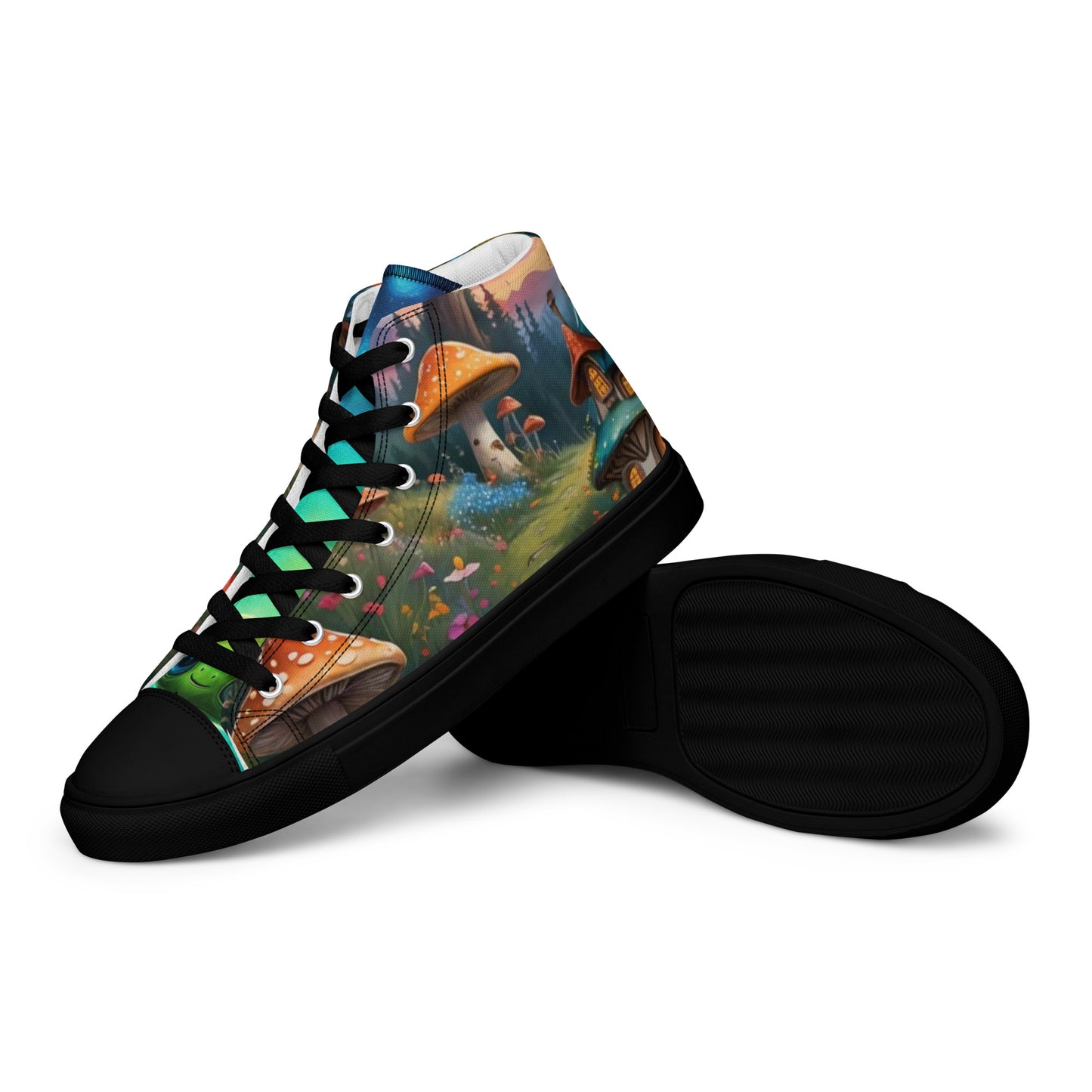 Colorful high-top sneakers with a mushroom and fairy design on a white background